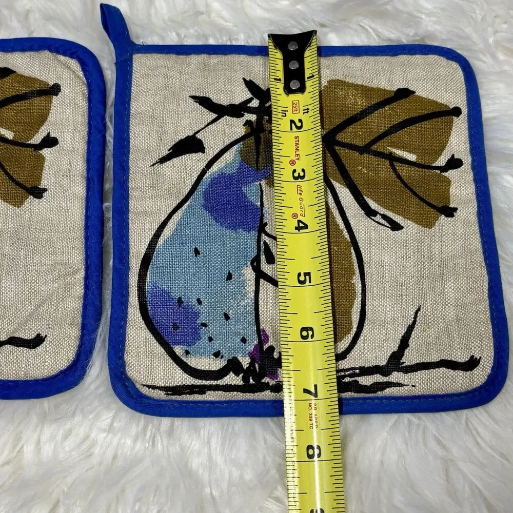 Vintage Vera Neumann Linen Blue Pear Pocketed Apron w/ Matching Pot Holders